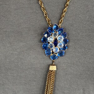 Vintage Blue Glass Rhinestone Pendant Necklace with Gold Tone Tassel Chain image 2
