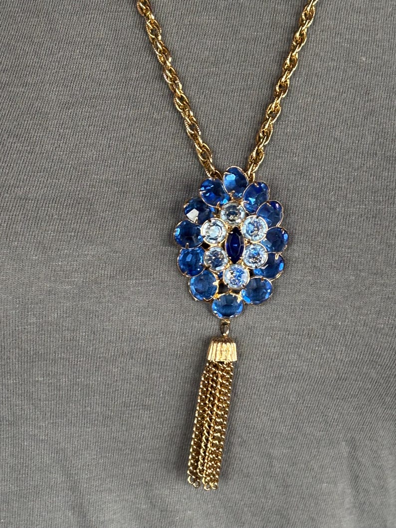 Vintage Blue Glass Rhinestone Pendant Necklace with Gold Tone Tassel Chain image 2