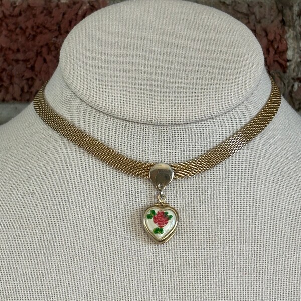 Vintage adjustable length gold tone mesh style choker with floral guilloche style heart locket