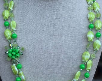 Vintage Czech Glass Necklace: Lime Green Tulip Bead Double Strand with fancy clasp