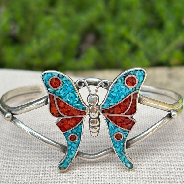 Vintage southwestern sterling silver cuff bracelet sterling butterfly with turquoise and coral chip inlay