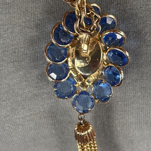 Vintage Blue Glass Rhinestone Pendant Necklace with Gold Tone Tassel Chain image 13