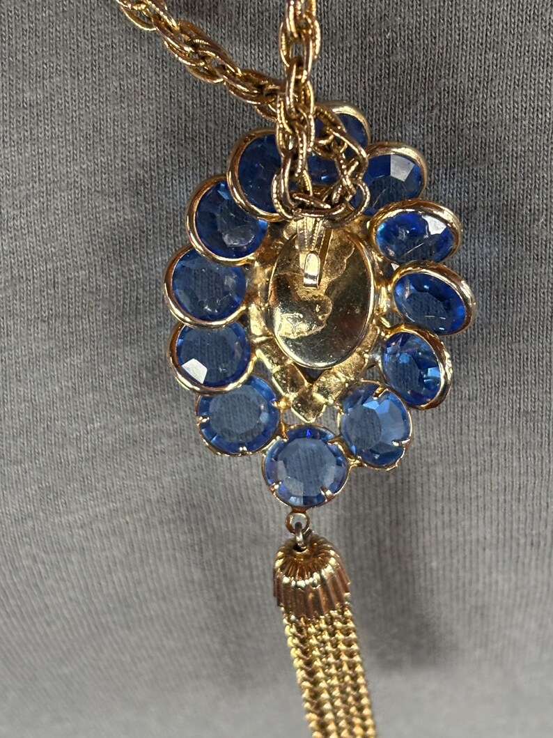Vintage Blue Glass Rhinestone Pendant Necklace with Gold Tone Tassel Chain image 13