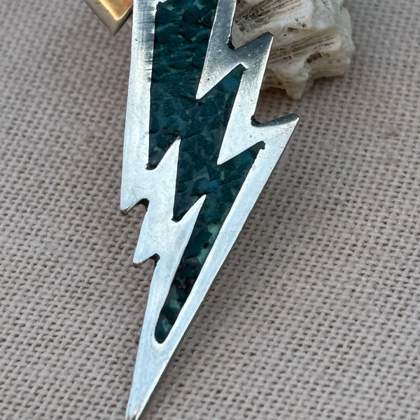 vintage Taxco sterling lightning bolt pendant with crushed turquoise inlay stamped with eagle 3