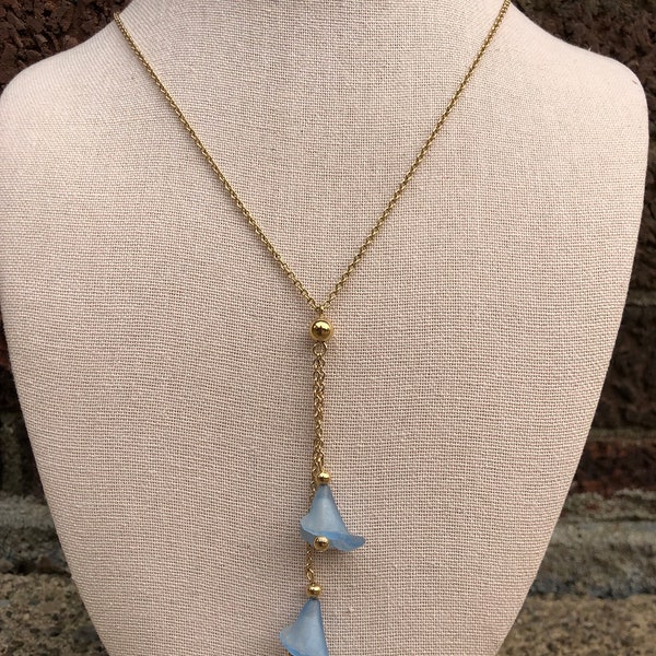 Avon signed gold tone necklace with frosted pastel blue lily tassel Y necklace lariat style