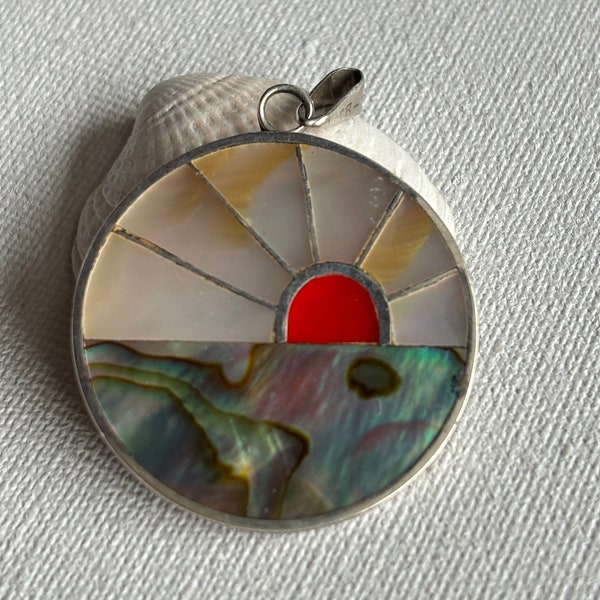 Vintage Mexico sterling silver hand inlay abalone and mother of pearl MOP beach scene sunrise pendant