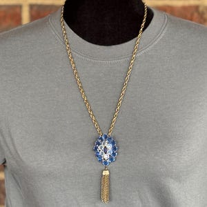 Vintage Blue Glass Rhinestone Pendant Necklace with Gold Tone Tassel Chain image 1