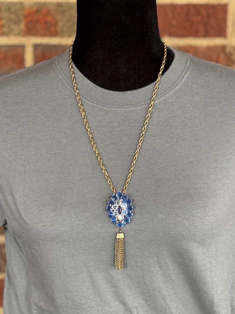 Vintage Blue Glass Rhinestone Pendant Necklace with Gold Tone Tassel Chain image 1