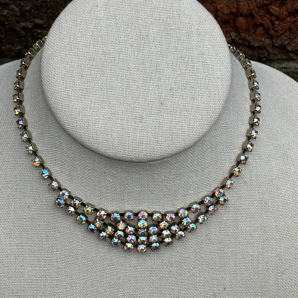 Vintage unsigned Aurora Borealis AB prong set rhinestone choker collar necklace adjustable length massive sparkle