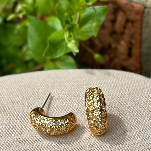 Vintage Roman signed gold tone pave rhinestone half hoop earrings 80s 90s glam and sparkle