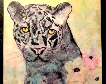 Original Leopard painting Spirit animal Art Anemone flower Spiritual Art