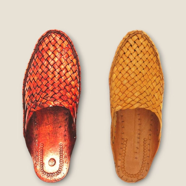 Leather flats Punjabi Jutti for Men | Cross Backopen Slip Online | Woven Mules Leather Shoes