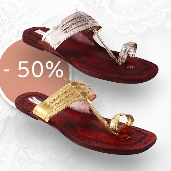 Chaussures plates faites main en cuir pour femmes | Femmes kolhapuri Chappal | Pantoufles Kolhapuri | Sandales indiennes en cuir | Chaussons cousus main pour femme