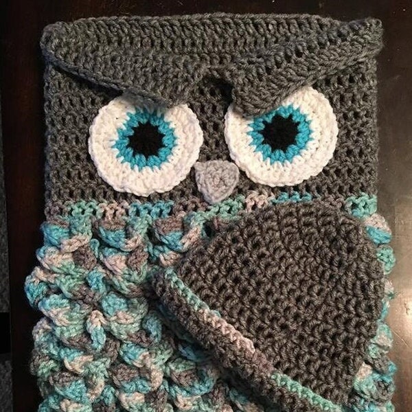 Crochet Baby Owl Cocoon with Hat 0-9 Months