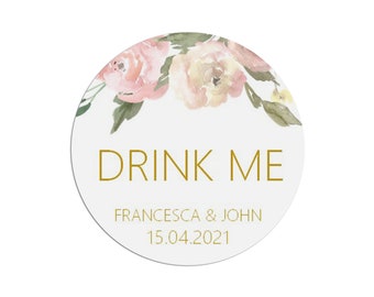 Drink Me Wedding Stickers Blush Floral 37mm Round With Personalisation At The Bottom x 35 Stickers Per Sheet
