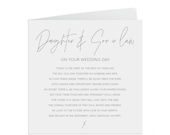 Daughter & Son In Law On Your Wedding Day Card, Black And White Minimalist 6x6 Inches In Size With A White Envelope