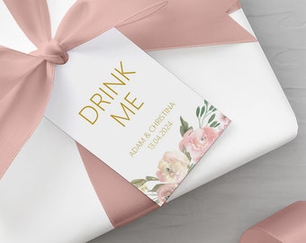 Blush Floral Drink Me Wedding Gift Tags - Personalised & Printed, Sold In Packs Of 10