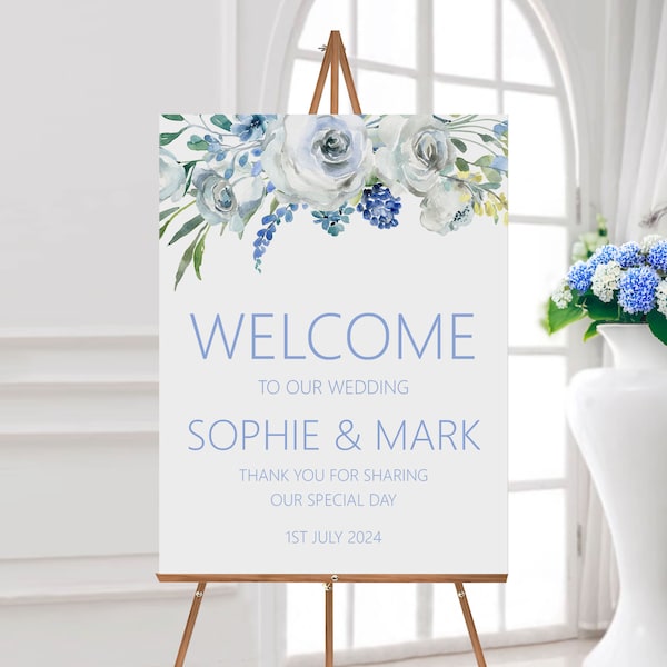 Blue Floral Welcome Wedding Sign, Welcome To Our Wedding Venue Entrance - Personalised Poster or Foamboard