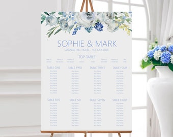 Blue Floral Wedding Table Plan, Printed Seating Plan, A2 Or A1 Foamex Board - Up To 18 Tables