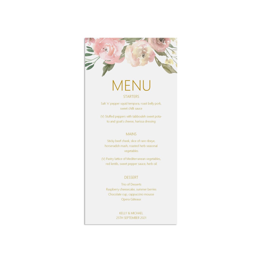 Wedding Breakfast Menu Cards, Blush Floral Personalised Menu and