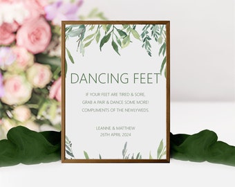Greenery Dancing Feet Flip Flop Wedding Sign -Personalised & Printed A5, A4 Or A3