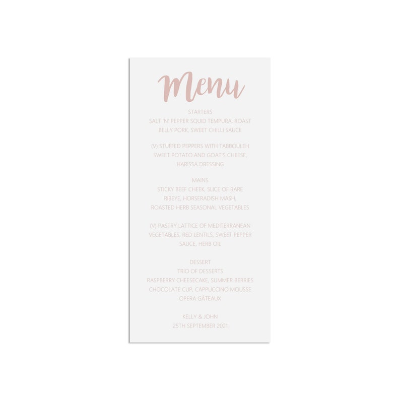 Rose Gold Effect Wedding Breakfast Menu Cards Personalised Etsy UK