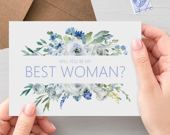 Blue Floral Will You Be My Best Woman? Wedding Proposal Card, A6 With Kraft Envelope