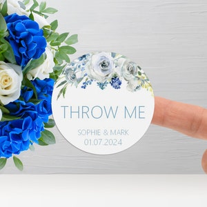 Blue Floral Throw Me Wedding Stickers - 37mm Round Personalised Stickers, 35 Per Sheet