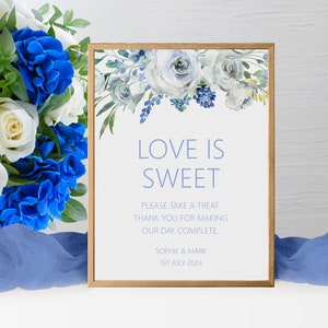 Blue Floral Love Is Sweet Wedding Sign - Personalised & Printed, A5, A4, Or A3