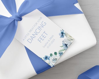 Blue Floral Dancing Feet Wedding Gift Tags For Flip Flops - Personalised & Printed, Sold In Packs Of 10