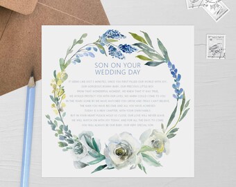 Blue Floral Son Wedding Day Card - 6x6 Inch Card With Kraft Envelope