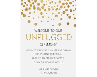 Unplugged Ceremony Wedding Sign, Personalised Gold Effect A5, A5 Or A3