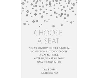 Choose A Seat Wedding Ceremony Sign, Silver Effect Personalised & Printed A5, A4 Or A3