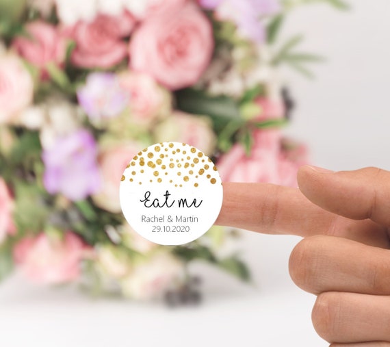 Eat Me Personalised wedding favour stickers gold