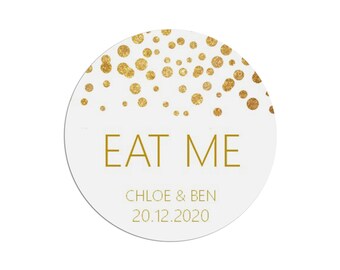 Eat Me Wedding Stickers, Gold Effect 37mm Round Personalised x 35 Stickers Per Sheet