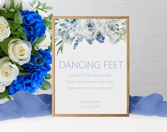 Blue Floral Flip Flop Wedding Sign -Daning Feet Personalised & Printed Sign, A5, A4, Or A3