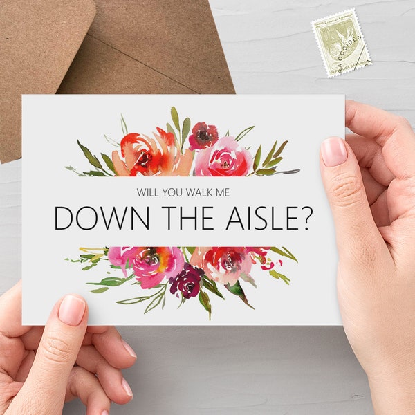 Red Floral Will You Walk Me Down The Aisle? A6 Proposal Card With Kraft Envelope