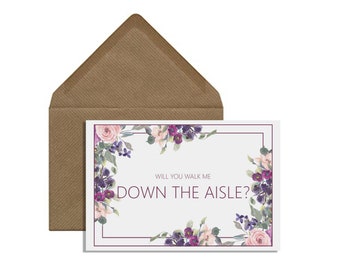 Will You Walk Me Down The Aisle? Proposal Card, A6 Purple Floral With A Kraft Envelope