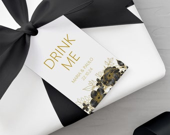 Black & Gold Drink Me Favour Gift Tags, Personalised Printed Pack Of 10