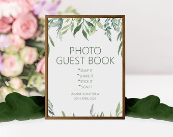 Greenery Photo Guest Book Wedding Sign - Personalised & Printed A5, A4 Or A3