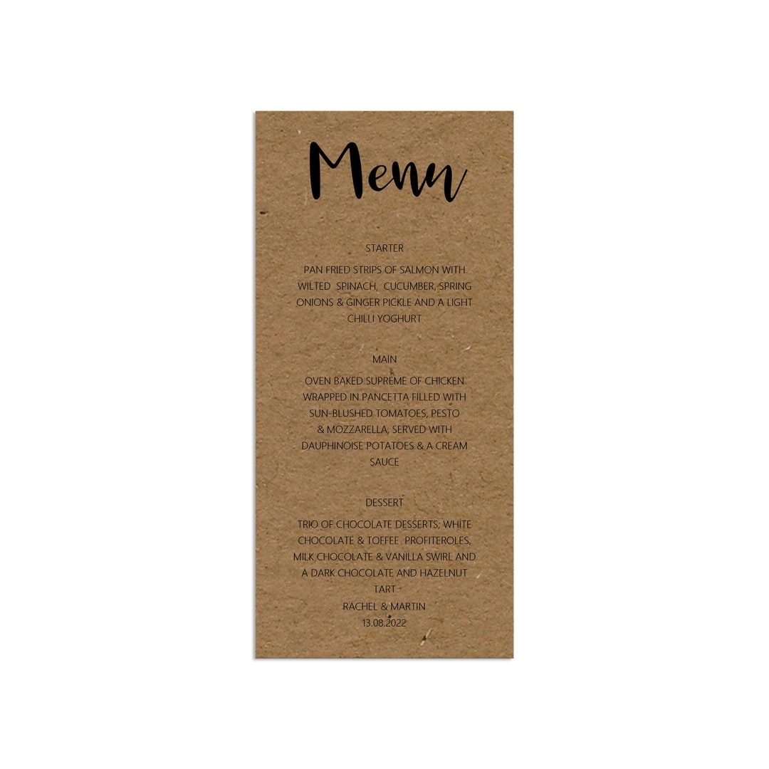 Kraft Wedding Breakfast Menu Cards, Personalised Printed Wedding