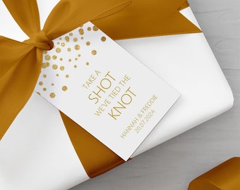 Gold Effect Take A Shot We've Tied The Knot Wedding Gift Tags, Personalised & Printed Pack Of 10