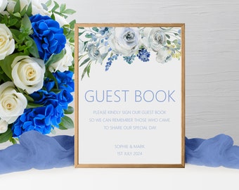 Blue Floral Guest Book Wedding Sign - Personalised & Printed, A5, A4, Or A3