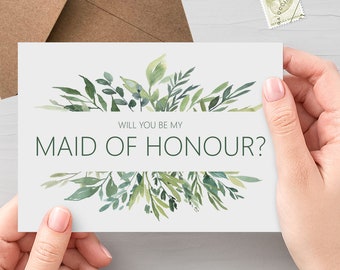 Greenery Will You Be My Maid Of Honour? A6 Wedding Proposal Card With Kraft Envelope