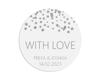 With Love Wedding Stickers, Silver Effect 37mm Round x 35 Stickers Per Sheet, Personalised At Bottom