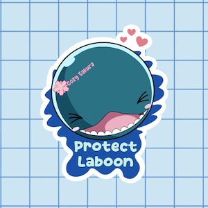 May include: A sticker featuring a cartoon whale with a smiling face and the text "Protect Laboon." The whale is teal with a pink mouth and a flower. The background is a light blue grid.
