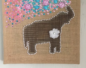 Brown String Elephant Outlined with Pearls on Burlap Canvas. Colorful Jeweled, Seqined, Glittering Elephant spray. Girls room/nursery.