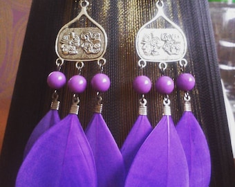 Purple feather earrings