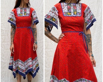 1970er Jahre Vintage Baumwoll Schal Folk Boho Kleid // Größe XS bis S