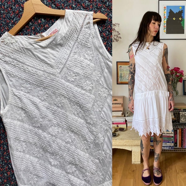 Vintage 1990s René Derhy 1920s inspired lace cotton white dress // Size S-M